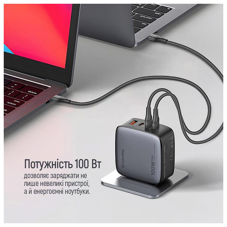 Зарядний пристрій ColorWay Power Delivery GaN (USB-A + 3USB TYPE-C) 100W Black (CW-CHS047P)