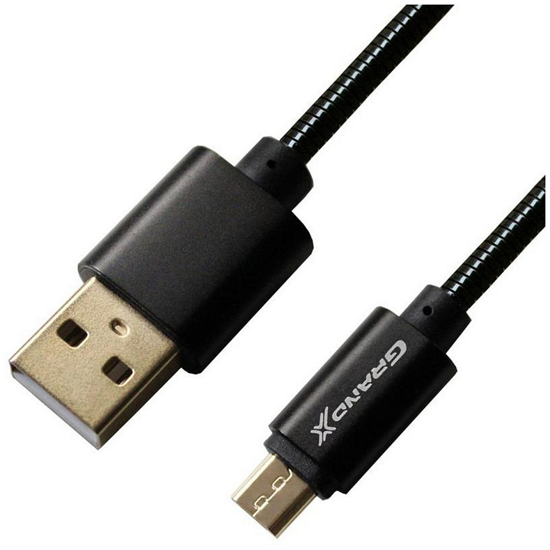 Кабель Grand-X USB-microUSB 2.1A, 1м, CU, защита - метал. оплетка, Black (MM-01B), упаковка гифтбокс