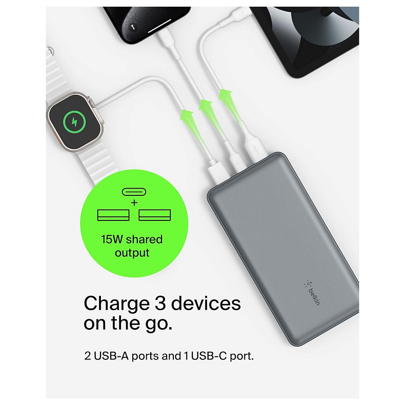 Аккумулятор портативный литий-ионный Power Bank Belkin 20000мА·ч, 15Вт, 2хUSB-A/USB-C, серый