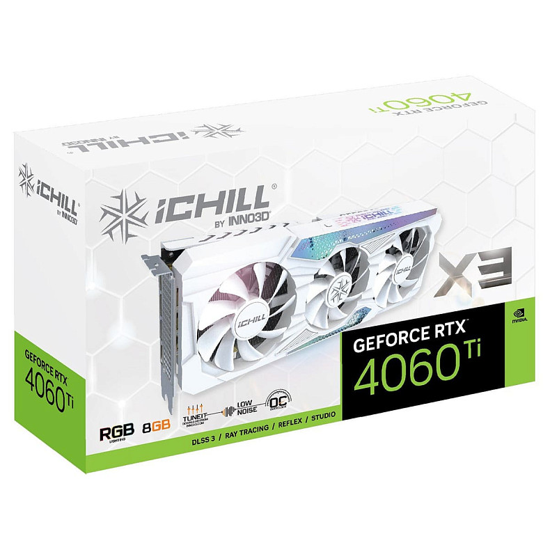 Відеокарта GeForce RTX4060 Ti Inno3D iChill X3 WHITE, 8GB GDDR6, 128bit, PCI Express 4.0 X8 (C406T3-08D6X-17113280)