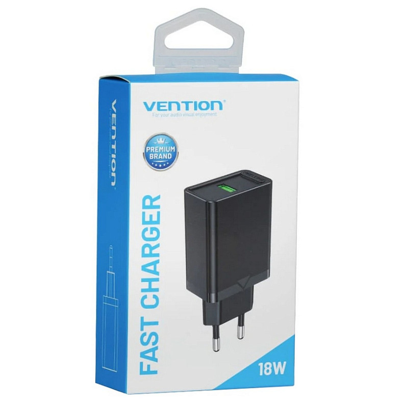 Зарядний пристрій Vention 1xUSB 18W (USB-A) QC3.0 black