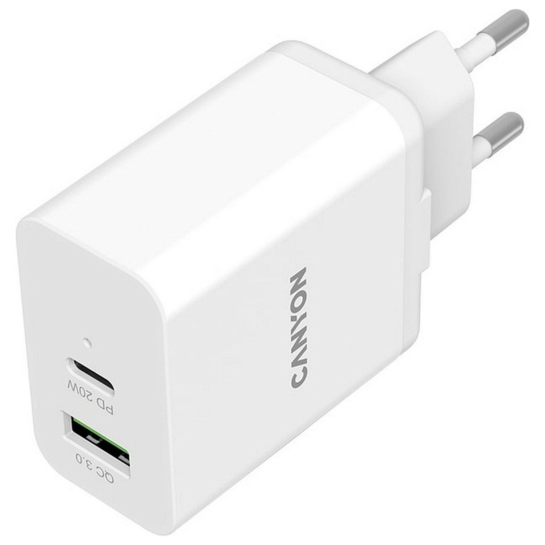 Зарядний пристрій Canyon H-20-03 (2USB, 3A) PD, QC3.0 White (CNE-CHA20W03)