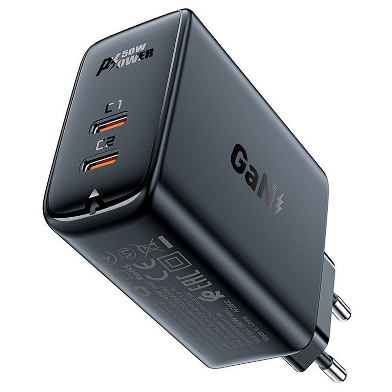 Зарядний пристрій 2xUSB 50W (USB-C+USB-C) Gan A29 Fast Charger Black Acefast