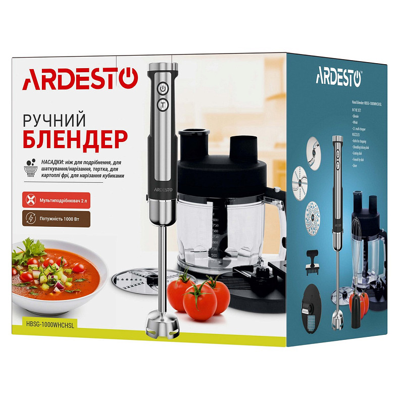 Блендер Ardesto занурювальний HBSG-1000WHCHSL, 1000Вт, 7в1, чаша-2000мл, насадка для нарізання кубік
