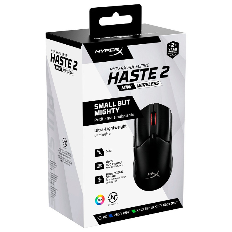 Мышь HyperX Pulsefire Haste 2 mini, RGB, USB-A/WL/BT, черный