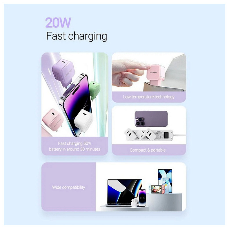 Зарядное устройство 1xUSB-C 20W PD3.0/QC3.0 Purple Vention