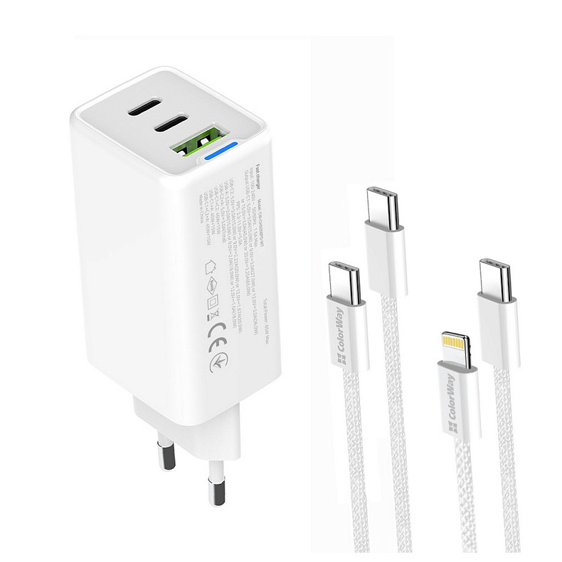 Сетевое зарядное устройство ColorWay GaN Mini 65W PD Port PPS USB (USB-2C1A) White (CW-CHS058PDCL-WT