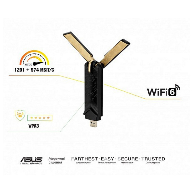 Беспроводной адаптер Asus USB-AX56W/O cradle (AX1800, WiFI 6, USB 3.2, MU-MIMO, OFDMA, 4T4R, WPA3)