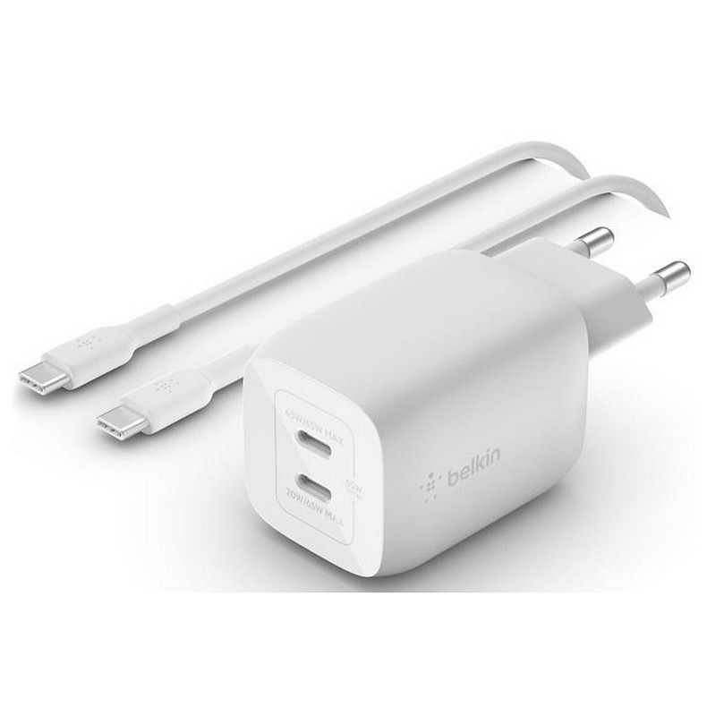 Сетевое зарядное устройство для Belkin Boost Up Charge Pro GaN 2xUSB-C PPS Wall Charger 65W White w/Type-C to Type-C (WCH013VF2MWH-B6)