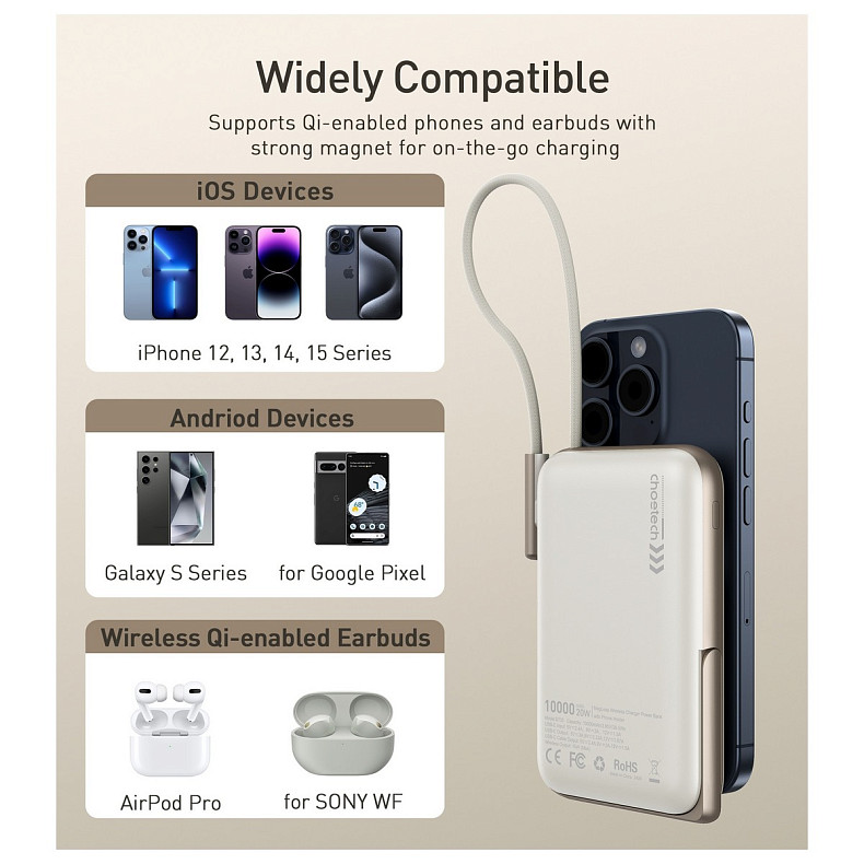 УМБ Choetech Magnetic Wireless 10000mAh 20W PD USB-C In/Out Qi-15W