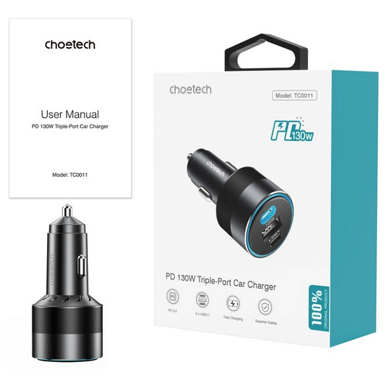 Автозарядка 3xUSB 124W (2xUSB-C+USB-A) PD3.0 100W чорна Choetech