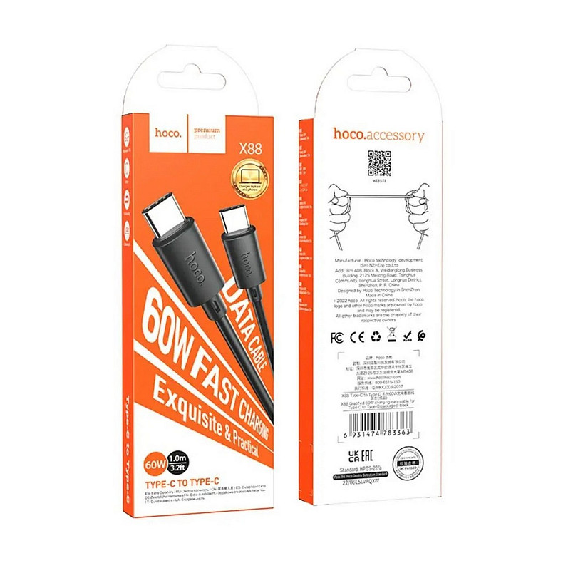 Кабель Hoco X88 Gratified 60W USB Type-C - USB Type-C, 1 м, Black (6931474783363)