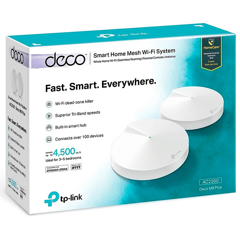 WiFi MESH система TP-LINK DECO M9 plus 2 pcs AC2200, 2xGE LAN/WAN, 1xUSB 2.0, MESH, MU-MIMO, Zigbee