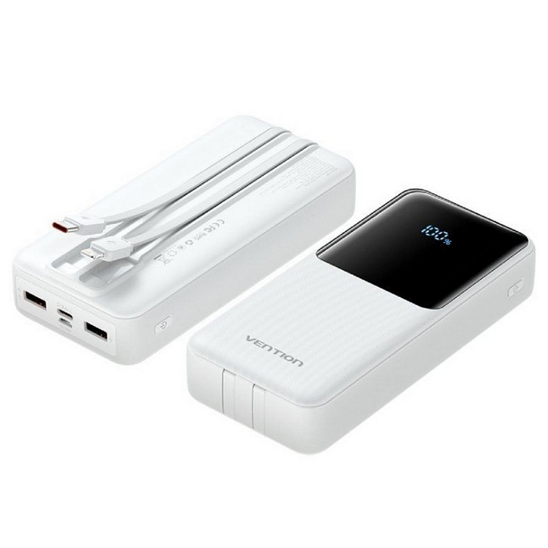 УМБ Vention 20000mAh 22.5W 3A PD Micro-USB,USB-C,2xUSB-A,Built-in USB-C+Lightning Cables White