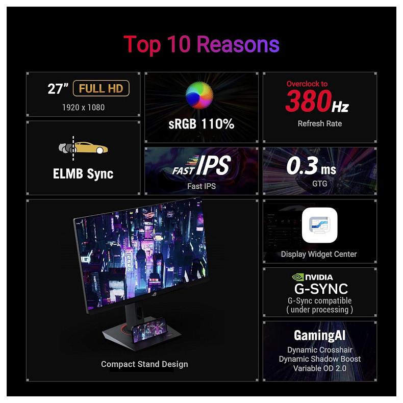 Монитор Asus 27" ROG Strix XG279CNS HDMI, DP, USB-C, IPS, 380Hz, 0.3ms, sRGB 110%, AdaptiveSync, Piv
