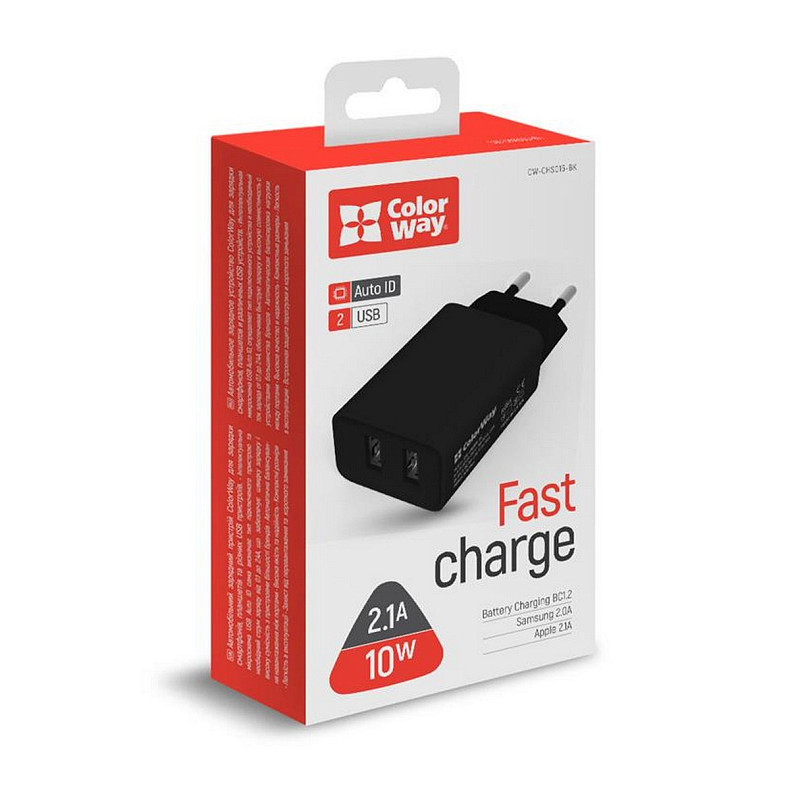 Зарядний пристрій ColorWay (2USB;2.1A) Black (CW-CHS015-BK)