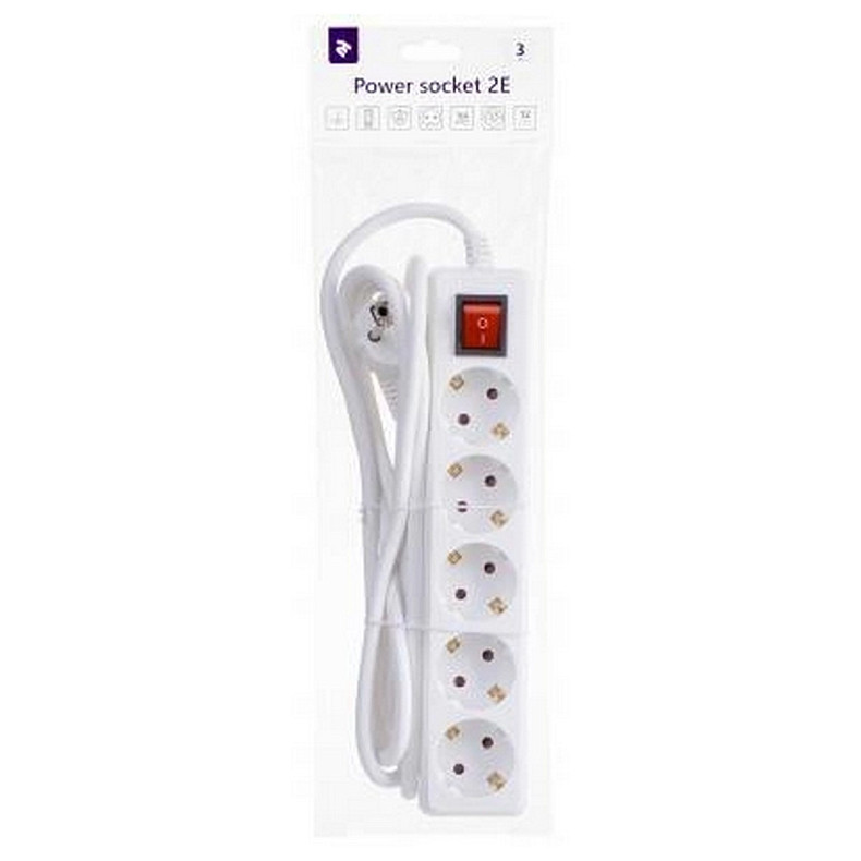 Сетевой удлинитель 2Е 5XSchuko с выключателем, 3G*1.5мм2, 3м, white