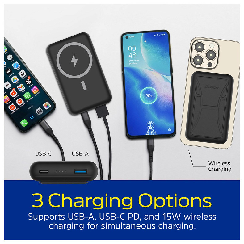 Универсальная мобильная батарея Energizer Magnetic Wireless 10000mAh 22.5W PD USB-A, USB-C In/Out, Black