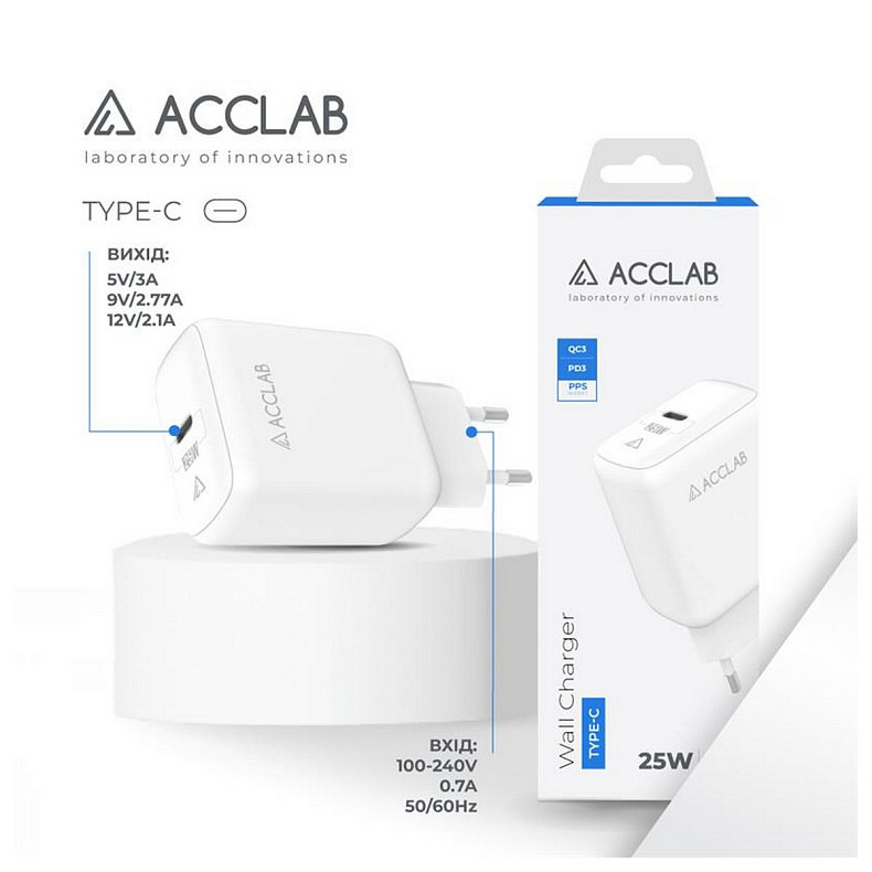 Зарядний пристрій AccLab AL-TC125 1хType-C 5В/3A/25W QC/PD 3.0 White (1283126538841)