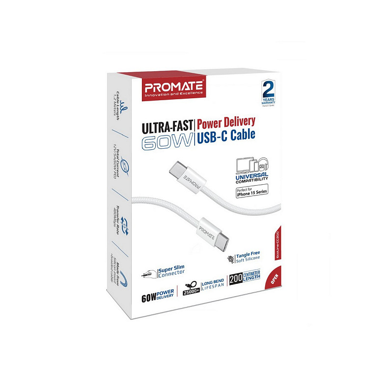 Кабель Promate USB Type-C - USB Type-C (M/M), 3A, 60W, 2 м, White (ecoline-cc200.white)