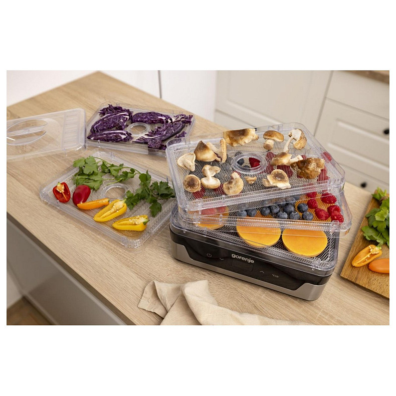 Сушарка для продуктів Gorenje 230Вт, піддонів - 5x2.8см, діаметр - 29см, макс - 75°С, електр.упр,біл