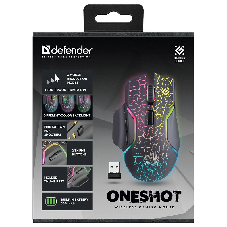 Мишка Defender Oneshot GM-067, бездротова, ігрова, 7 кн, LED 3200 dpi,чорна
