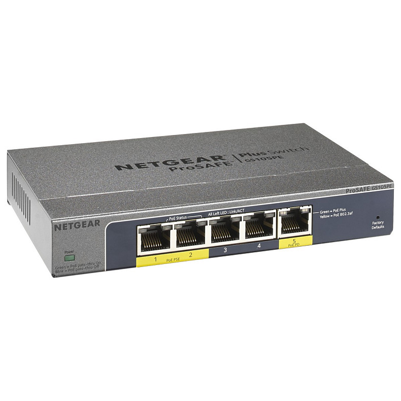 Коммутатор NETGEAR GS105PE PoE pass-thru, 2xGE PSE, 1xGE PD, 2xGE, управляемый L2