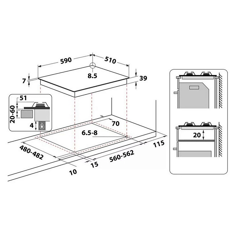 Варочная поверхность Whirlpool газовая на стекле, 60см, чугун, конфорка с двойным рядом пламени, нерж.