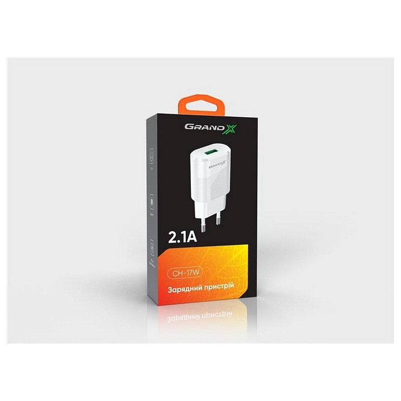 Сетевое зарядное устройство Grand-X (1xUSB 2.1А) White (CH-17WL) с защитой от перегрузки + кабель Li