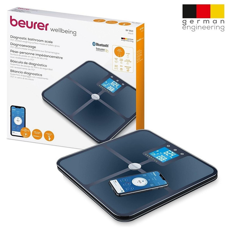 Весы Beurer напольные, 180кг, подкл. к смартфону, смысл. упр., анализ тела, 4хААА в комплекте, ст.