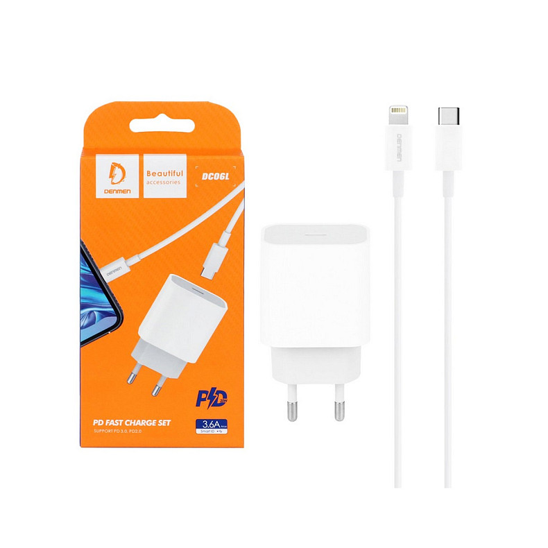 Зарядний пристрій Denmen DC06 (1USB 3.6A) PD20W+QC3.0 White (DM-DC06L-WH) + кабель Lightni