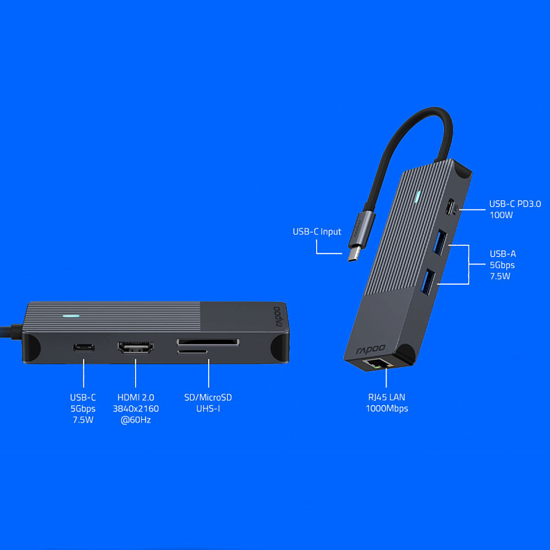USB-C хаб RAPOO UCM-2004, 8 в 1, черный