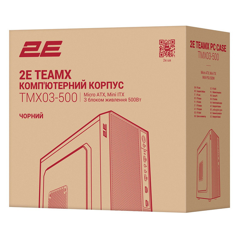 Корпус 2E TeamX TMX03, з БЖ 2E ATX500W, 2xUSB3.0, 1x80мм, VGA 220мм, mATX, чорний