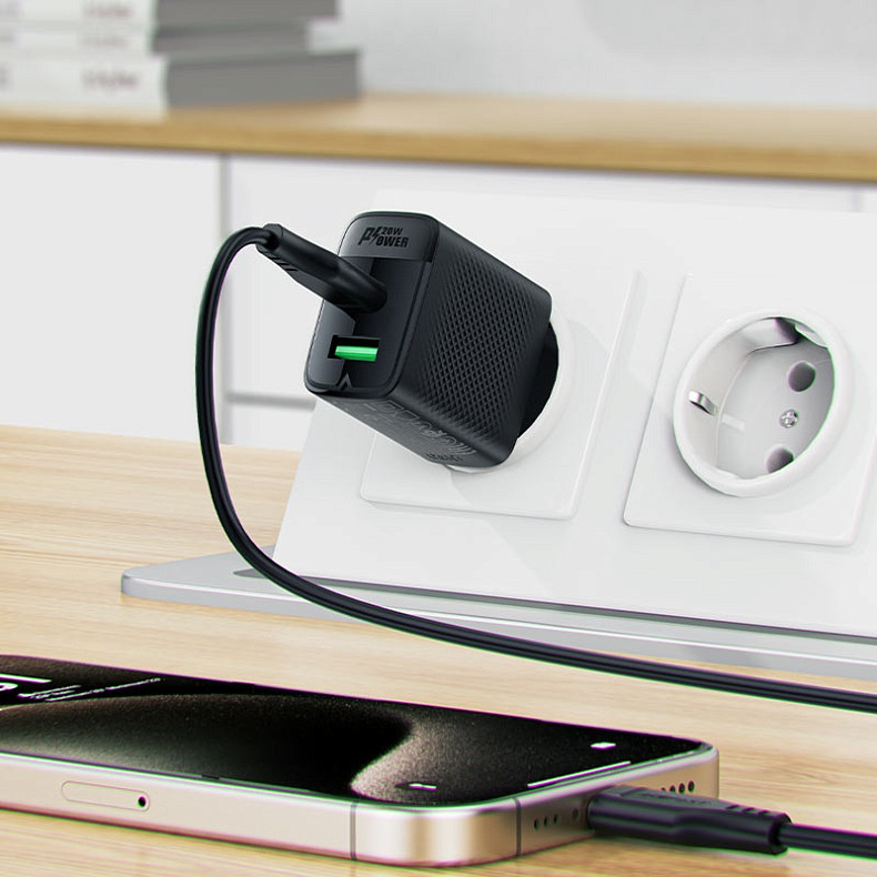 Зарядное устройство Acefast 2xUSB 20W (USB-C+USB-A) Gan A78 Black
