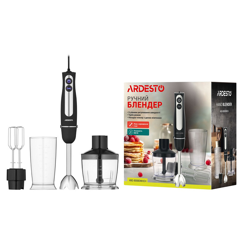 Блендер Ardesto занурювальний HBG-800BDWHCH, 800Вт, 3в1, чаша-600мл, чорно-сріблястий