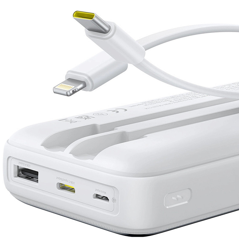 УМБ Baseus 20000mAh Lipow 22,5W PD,QC USB-A,MicroUSB,USB-C In/Out, USB-C/Lightning/ cable,White