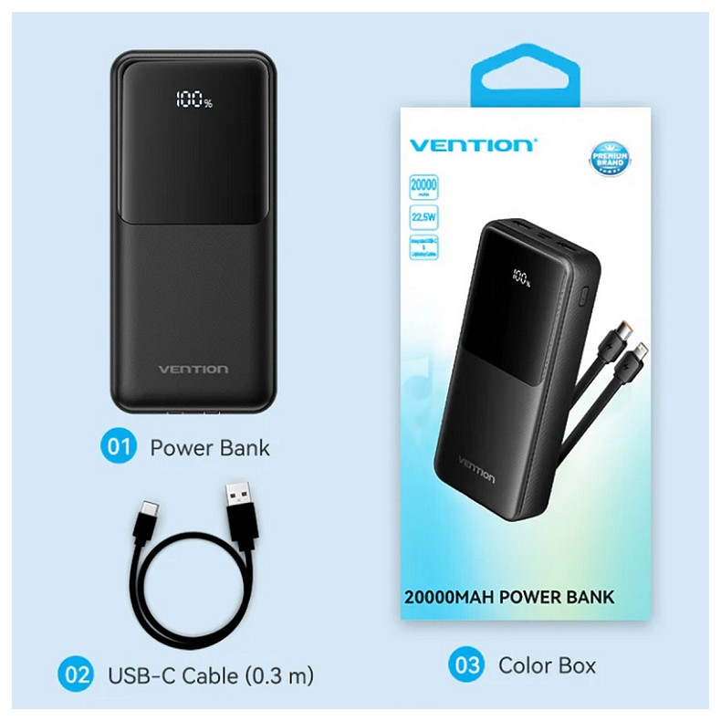 УМБ Vention 20000mAh 22.5W 3A PD, Micro-USB,USB-C,2xUSB-A,Built-in USB-C+Lightning Cables Black