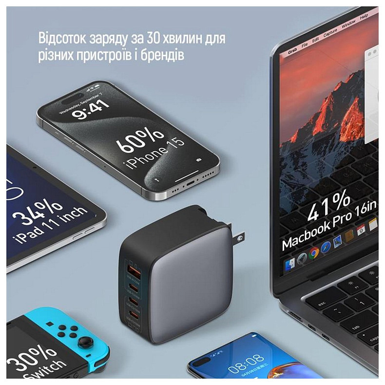 Зарядний пристрій ColorWay Power Delivery GaN (USB-A + 3USB TYPE-C) 100W Black (CW-CHS047P)