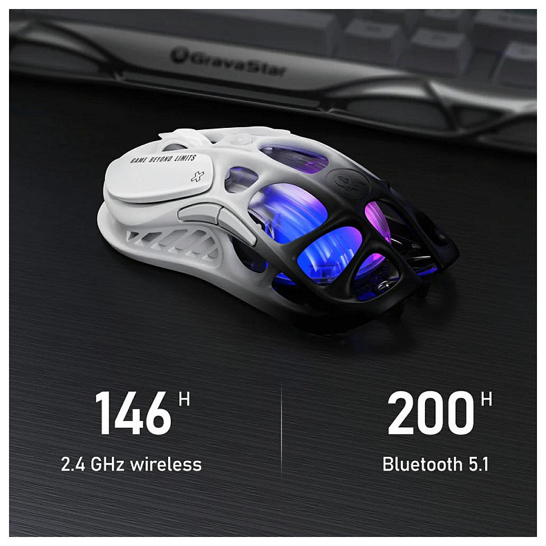 Миша GravaStar Mercury M1 Pro, BT/WL/USB-A, RGB, чорно-білий