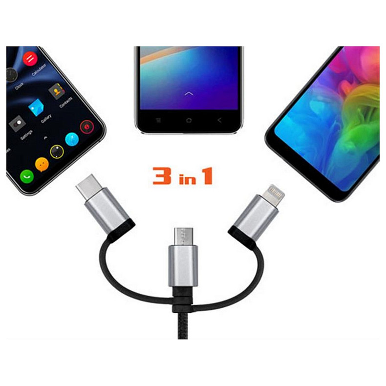 Кабель REAL-EL Premium USB2.0 AM-3in1 Lightning/microUSB/USB-C 1m, черний