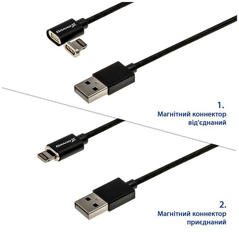 Кабель Grand-X USB-Lightning, магнітний, 1м, Black (MG-01L)