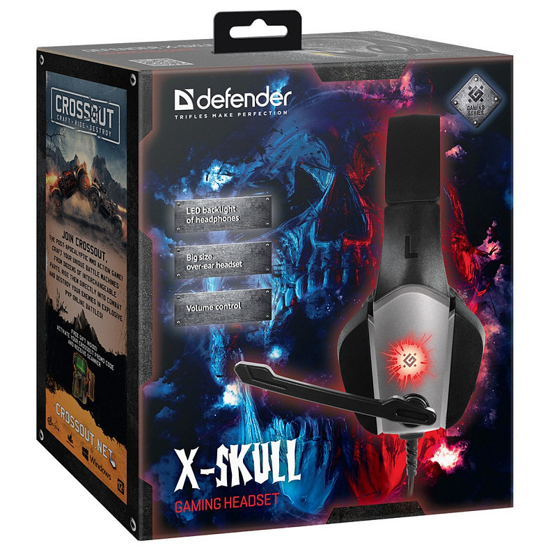 Ігрова гарнітура Defender X-Skull чорно-сіра, кабель 2.1 м