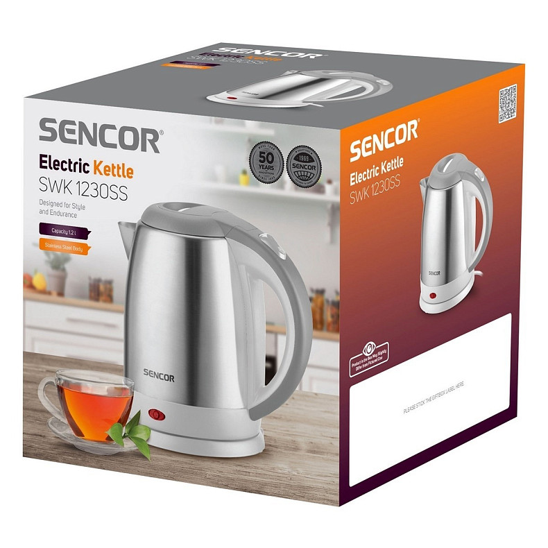 Электрочайник Sencor 1.2л, Strix, нержавеющая сталь, бело-серый