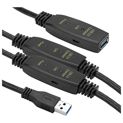 Активний подовжувач PowerPlant USB 3.0 AM-AF, 20 м (CA912865) чорний