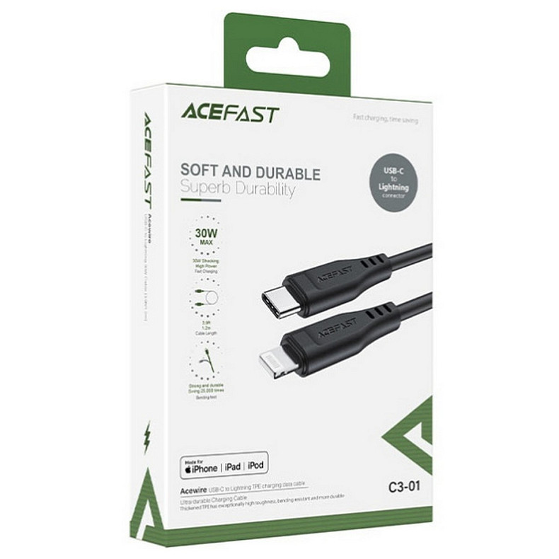 Кабель USB 2.0 USB-C to Lightning, 1,2 м, 3.0A, TPE C3-01 Black Acefast