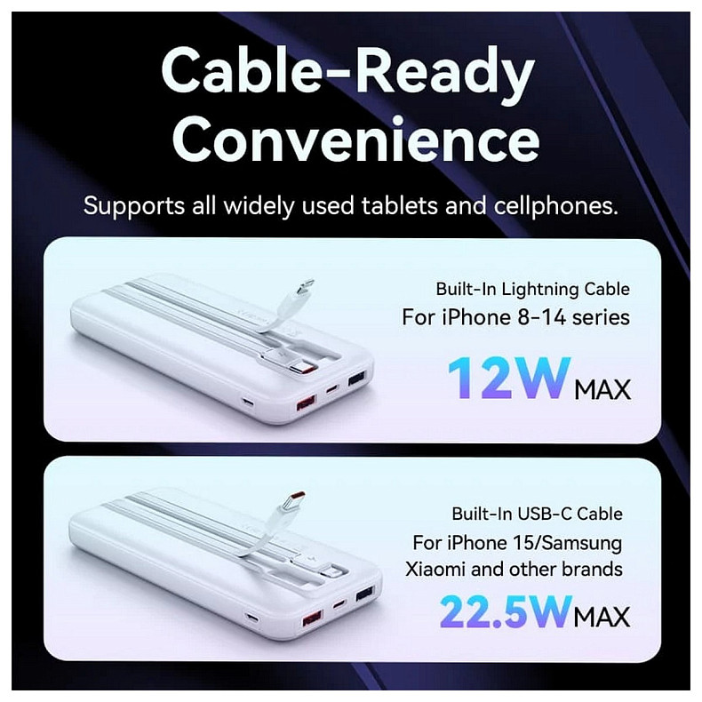 УМБ Vention 10000mAh 22.5W 3A PD,Micro-USB,USB-C,2xUSB-A,Built-in USB-C+Lightning Cables White