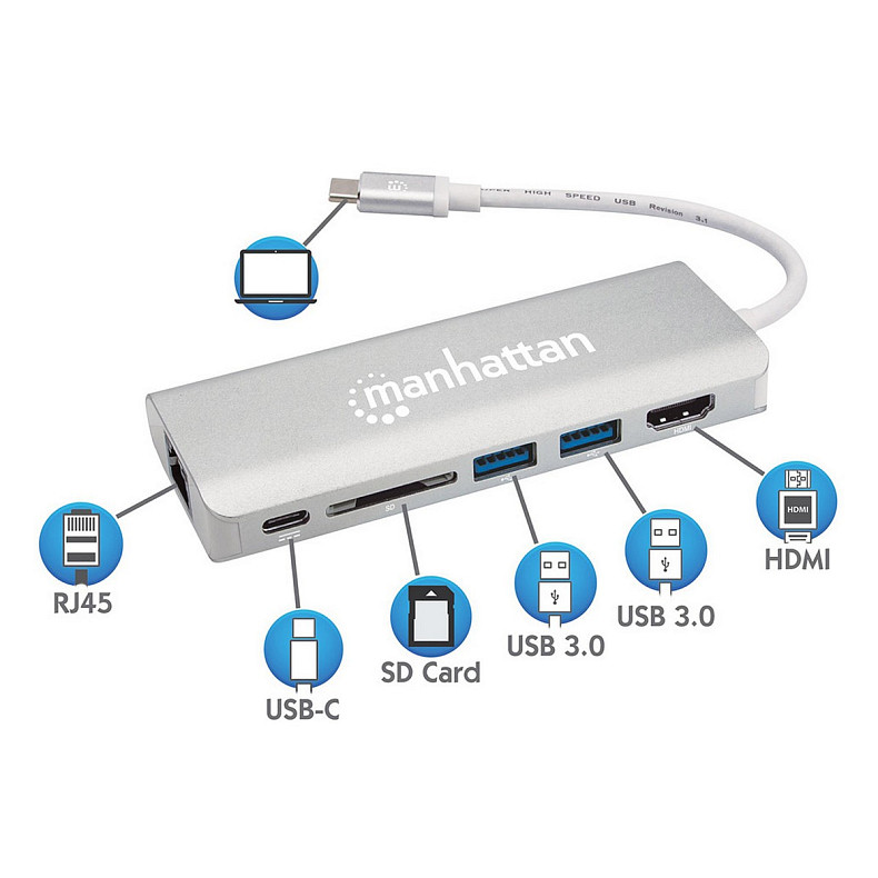 Док-станція Intracom USB3.1 Type-C --> HDMI/USB 3.0x2/RJ45/SD/PD 60W Hub 7-in-1 Manhattan