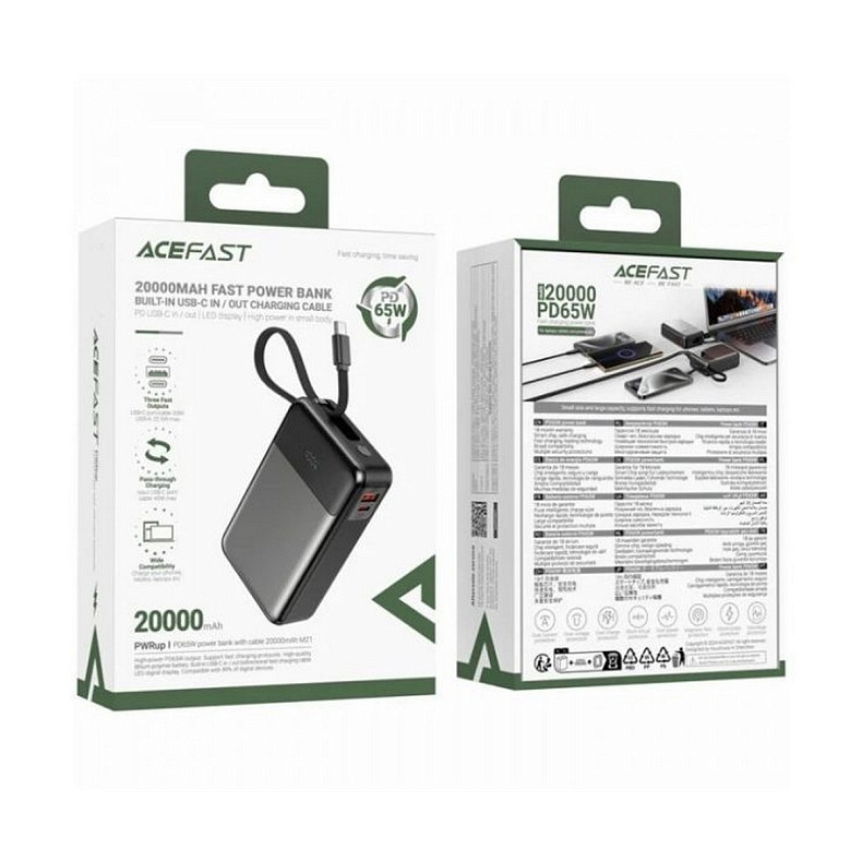 УМБ Acefast 20000mAh 65W PD,QC3.0 USB-A+USB-C In/Out,build-in cable M21 Black-Gray