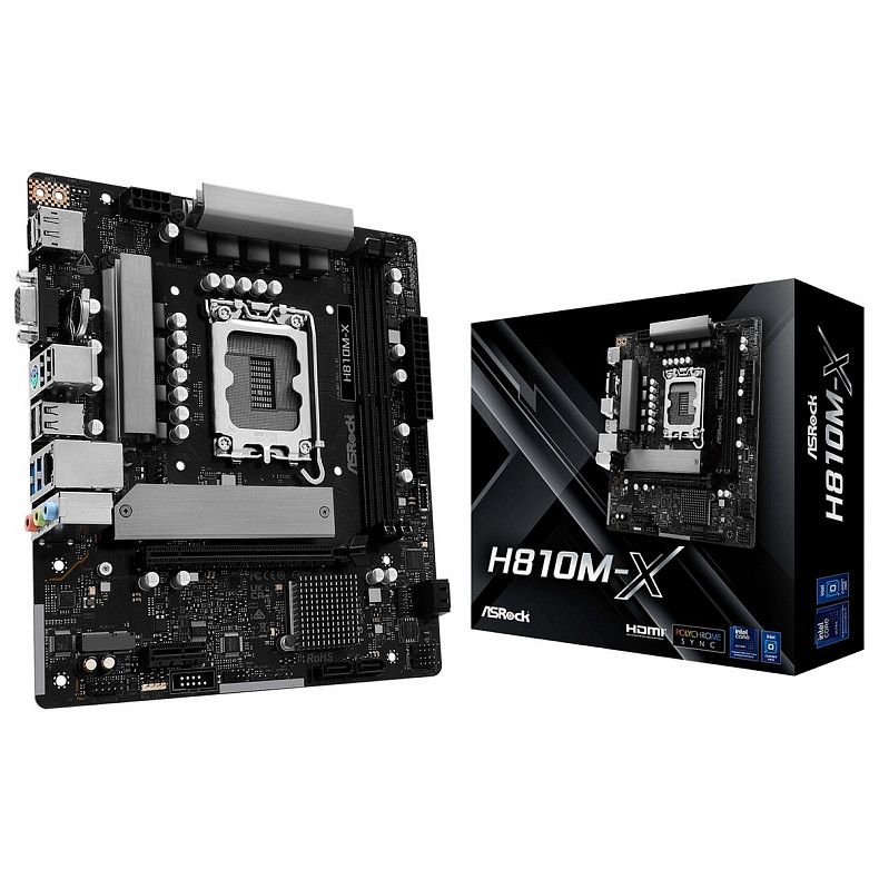 Материнська плата AsRock H810M-X (1851/H810, 2*DDR5, PCIex16, HDMI/DP/VGA, 4xSATA, M.2, 2.5Glan, 7.1ch, mATX)