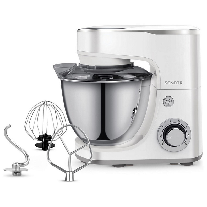 Миксер Sencor планетарный 1300Вт, насадки-3, чаша-нерж., металл, 5л, 6 скоростей, Pulse-режим, белый